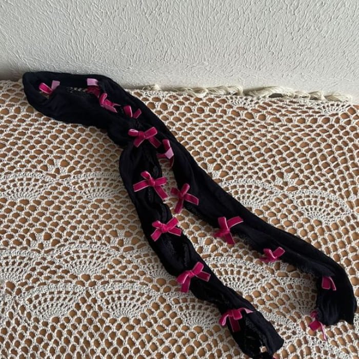 Velvet Bow Lace Arm Sleeves - Black - Rose Pink / One Size