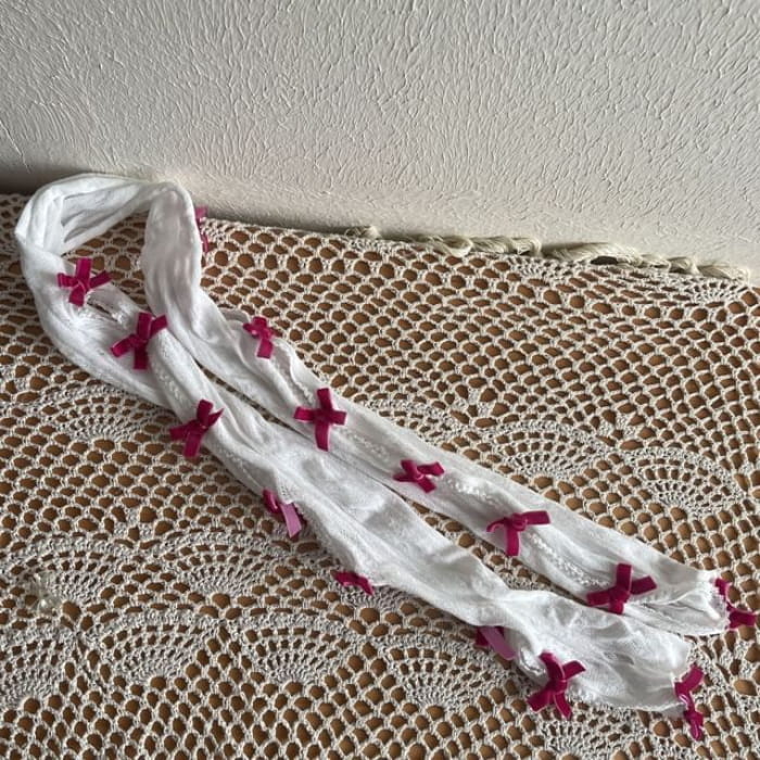 Velvet Bow Lace Arm Sleeves - White - Rose Pink / One Size