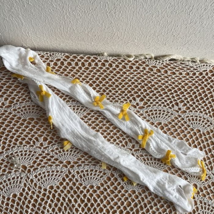 Velvet Bow Lace Arm Sleeves - White - Yellow / One Size