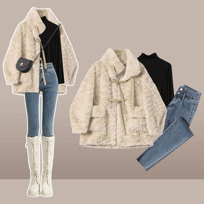 Velvet Buckle Coat Turtleneck Top High Waist Slim Denim