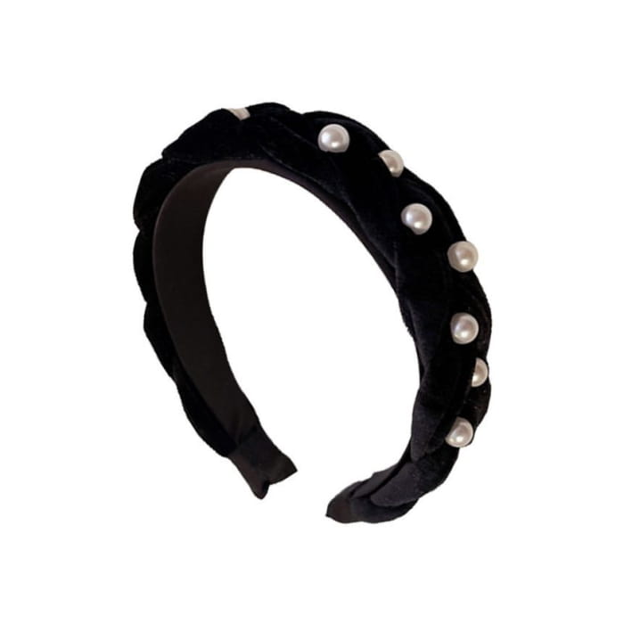 Velvet Wide Headband - Faux Pearl - Black / One Size