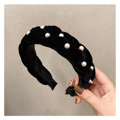 Velvet Wide Headband - Faux Pearl - Black / One Size