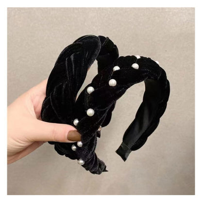 Velvet Wide Headband - Faux Pearl - Black / One Size