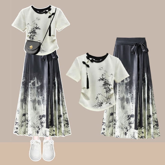Vintage Bamboo Print Tassels T-Shirt Pleated Skirt - Set / M