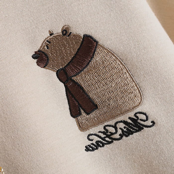 Vintage Bear Embroidery Draw String Hoodie High Waist Shorts