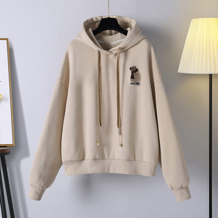 Vintage Bear Embroidery Draw String Hoodie High Waist