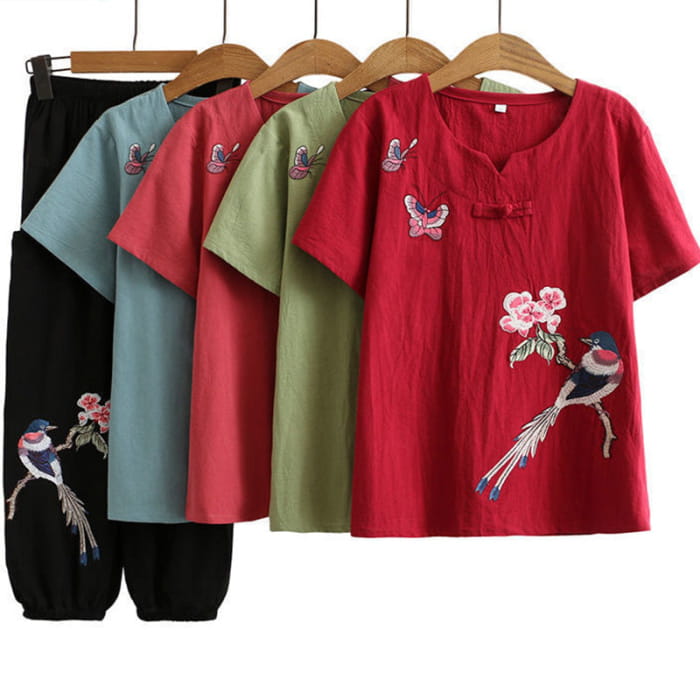 Vintage Bird Embroidery Buckle T-Shirt Pants Set