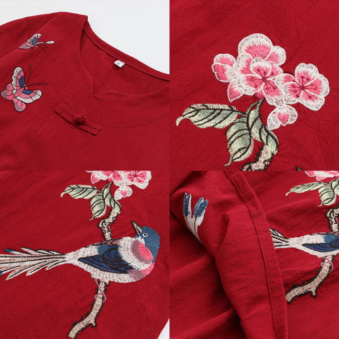 Vintage Bird Embroidery Buckle T-Shirt Pants Set