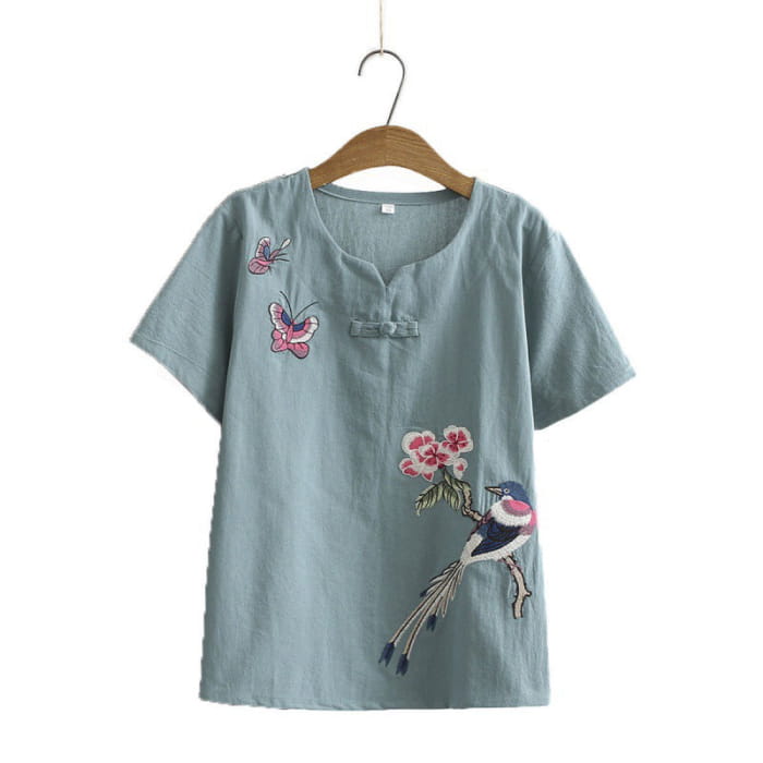 Vintage Bird Embroidery Buckle T-Shirt Pants Set - Blue / L