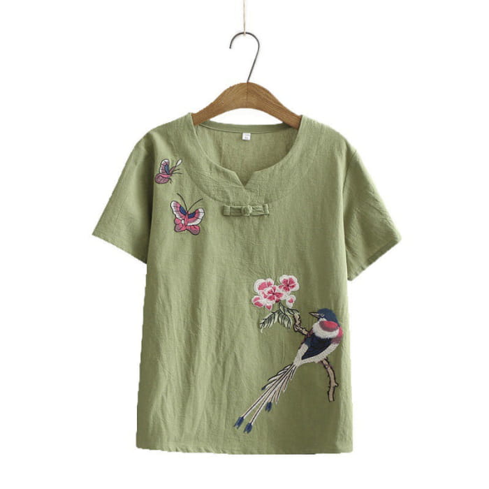 Vintage Bird Embroidery Buckle T-Shirt Pants Set - Green / L