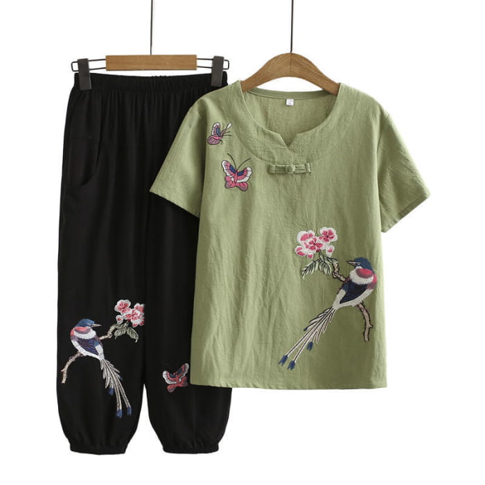Vintage Bird Embroidery Buckle T-Shirt Pants Set - Green
