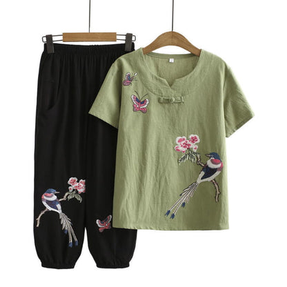 Vintage Bird Embroidery Buckle T-Shirt Pants Set - Green