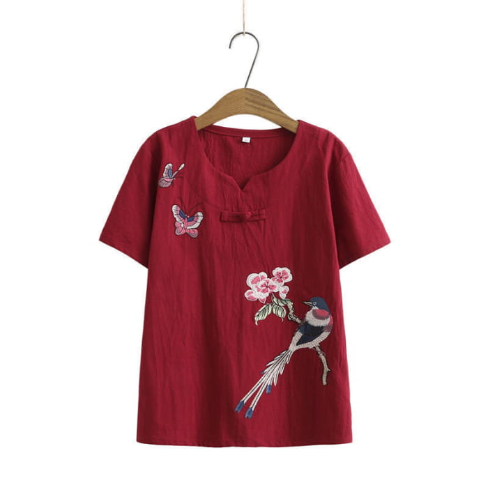 Vintage Bird Embroidery Buckle T-Shirt Pants Set - Red / L