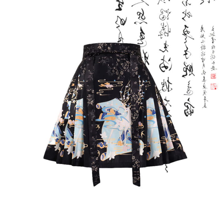 Vintage Black Bamboo Print Shirt Lace-up Pleated Skirt - M