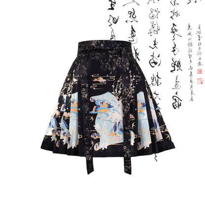 Vintage Black Bamboo Print Shirt Lace-up Pleated Skirt - M