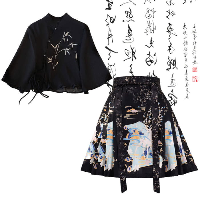 Vintage Black Bamboo Print Shirt Lace-up Pleated Skirt