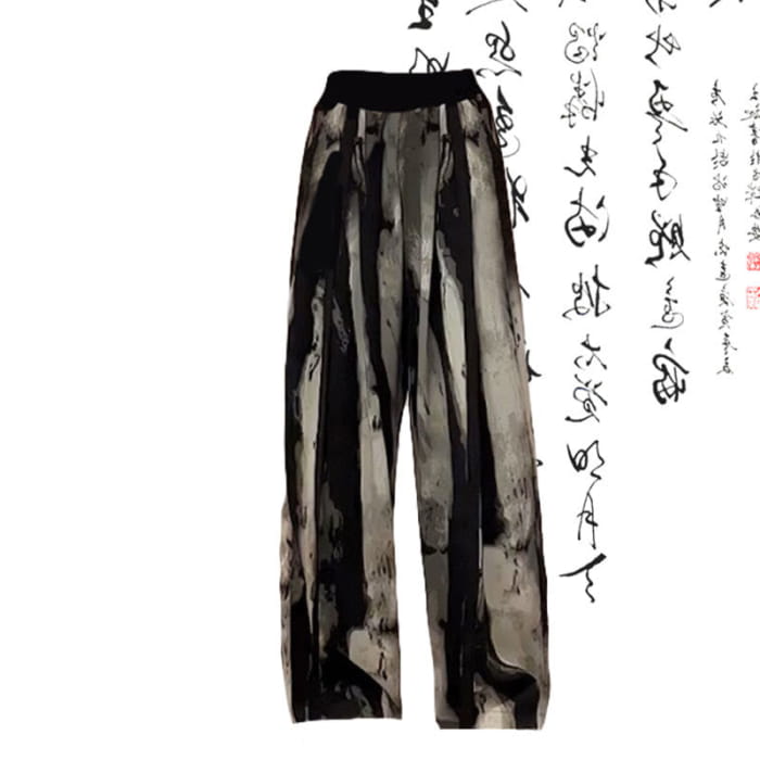 Vintage Black Bamboo Print Shirt Loose Casual Pants - A / M