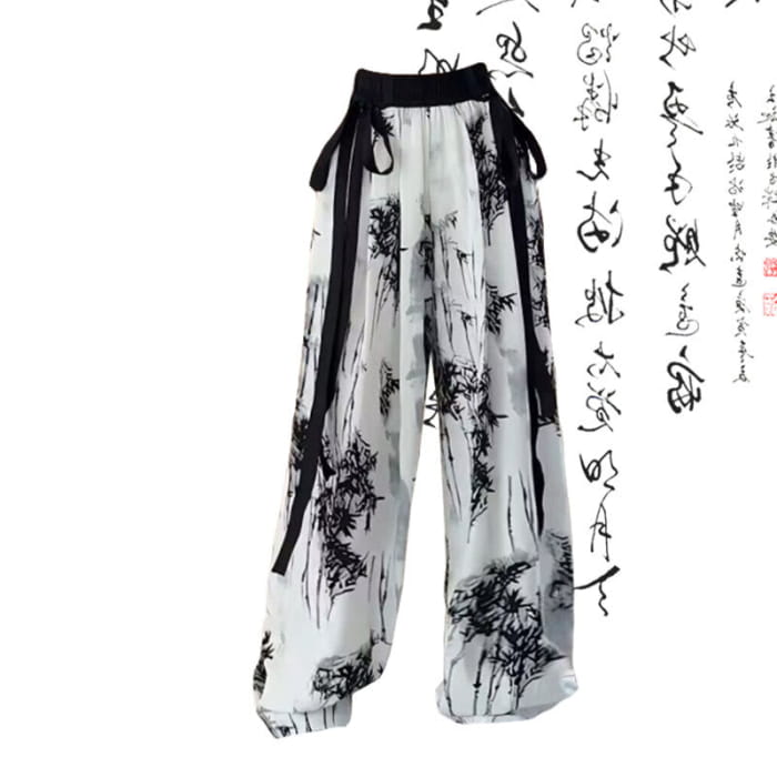 Vintage Black Bamboo Print Shirt Loose Casual Pants - B / M