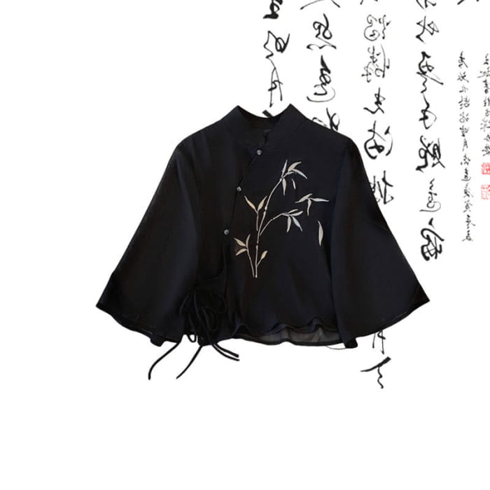 Vintage Black Bamboo Print Shirt Loose Casual Pants - M
