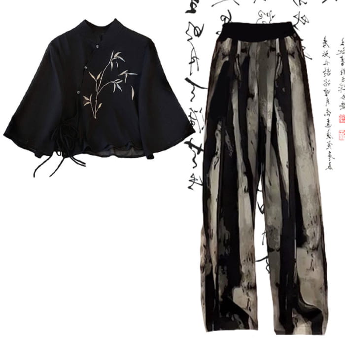Vintage Black Bamboo Print Shirt Loose Casual Pants - Set