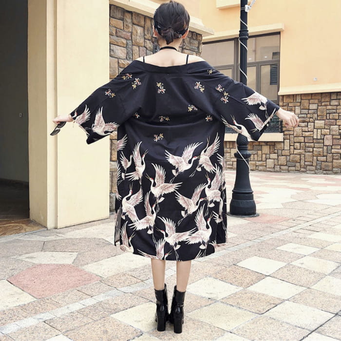 Vintage Black Crane Long Cardigan Kimono Outerwear