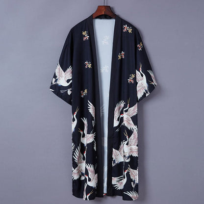 Vintage Black Crane Long Cardigan Kimono Outerwear