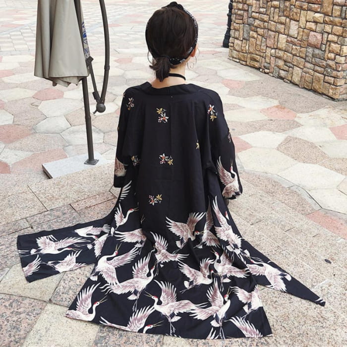 Vintage Black Crane Long Cardigan Kimono Outerwear