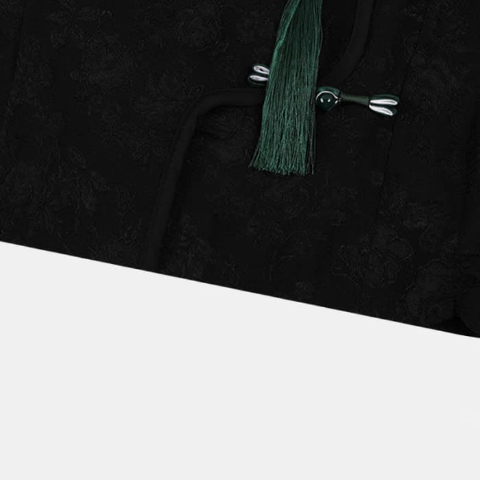 Vintage Black Tassel Shirt High Waist Lace Up Pleated Skirt