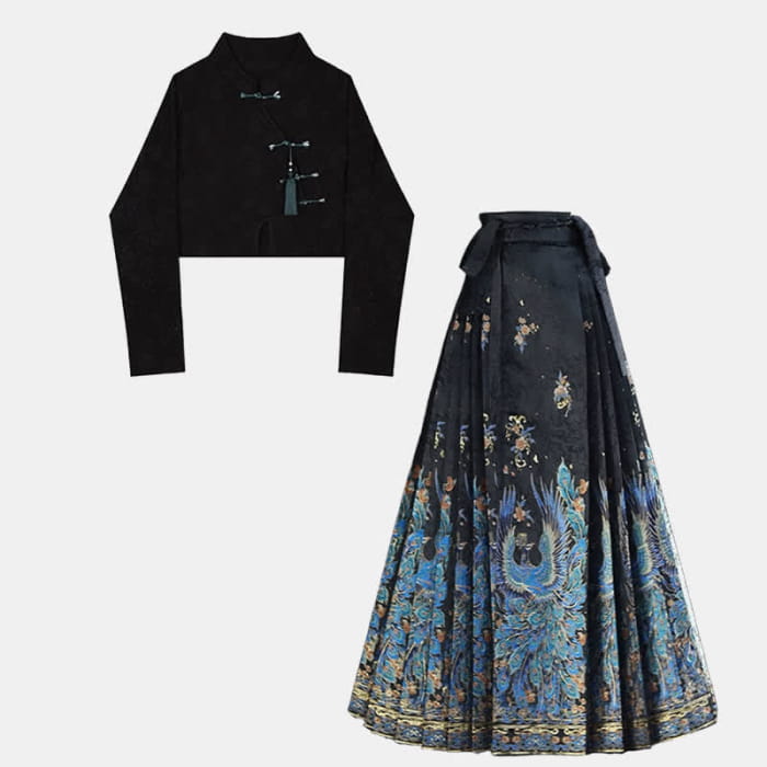 Vintage Black Tassel Shirt High Waist Lace Up Pleated Skirt