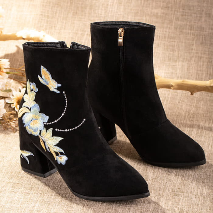 Vintage Blossom Embroidery Zipper Boots - Black / 36