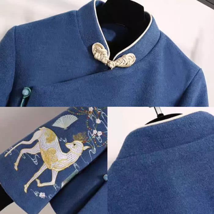 Vintage Blue Floral Embroidery Sweatshirt Pleated Skirt