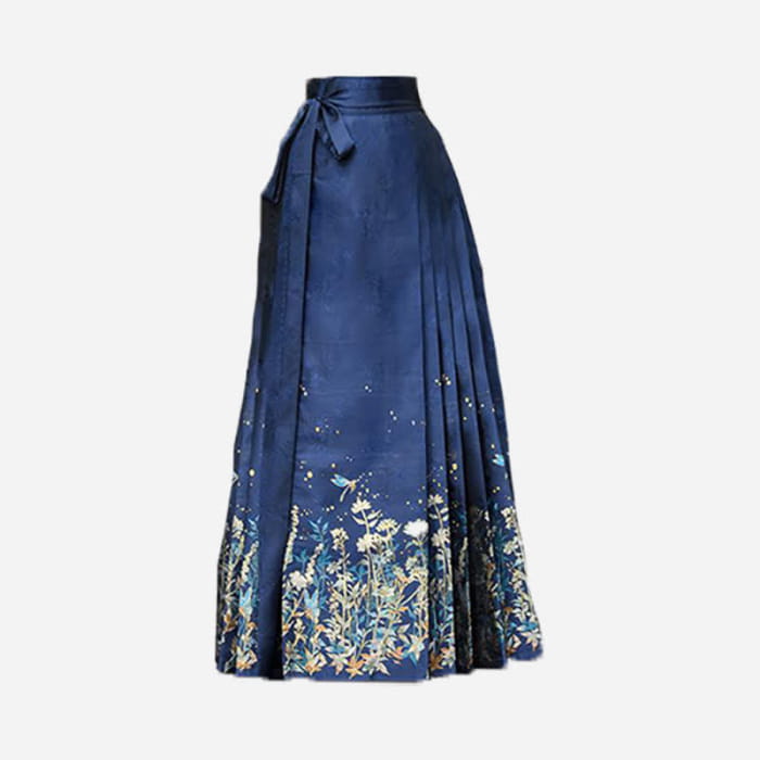 Vintage Blue Floral Embroidery Sweatshirt Pleated Skirt - M