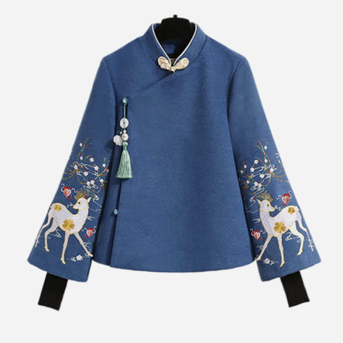 Vintage Blue Floral Embroidery Sweatshirt Pleated Skirt - M