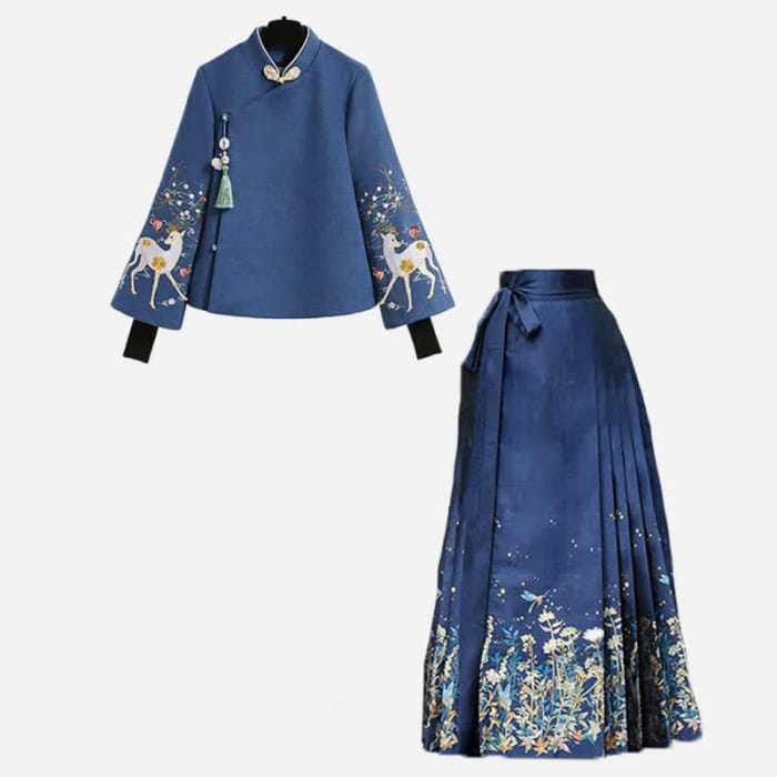 Vintage Blue Floral Embroidery Sweatshirt Pleated Skirt