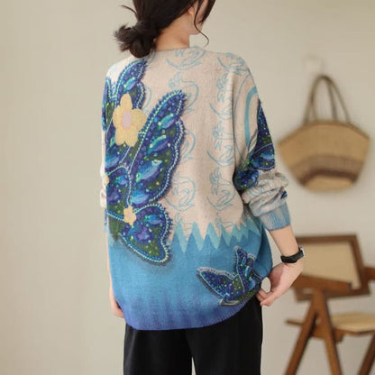 Vintage Blue Flower Butterfly Print Sweater