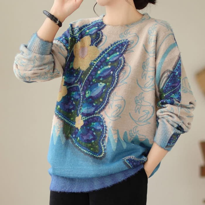 Vintage Blue Flower Butterfly Print Sweater - M