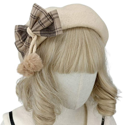 Vintage Bow Knot Plaid Lolita Beret