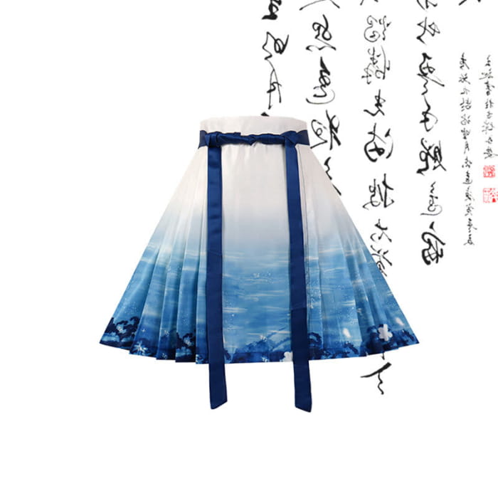 Vintage Buckle Bamboo Print Shirt Blue Pleated Skirt - M