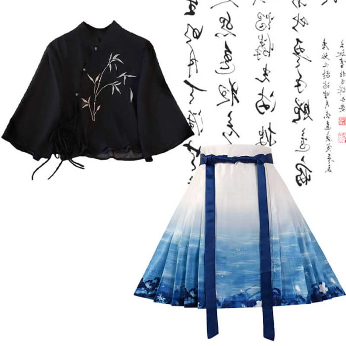 Vintage Buckle Bamboo Print Shirt Blue Pleated Skirt - Set