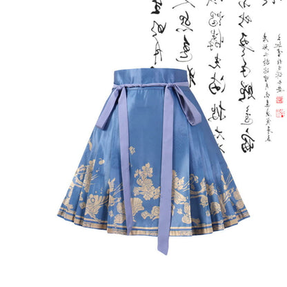 Vintage Buckle Shirt Blue Lace-up Pleated Skirt - M