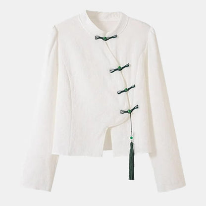 Vintage Buckle Tassel Shirt Green Pleated Skirt - M