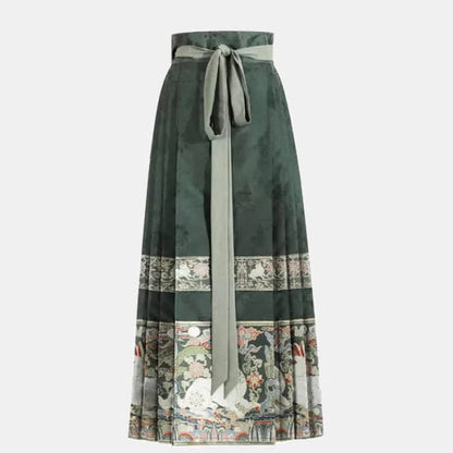 Vintage Buckle Tassel Shirt Green Pleated Skirt - M