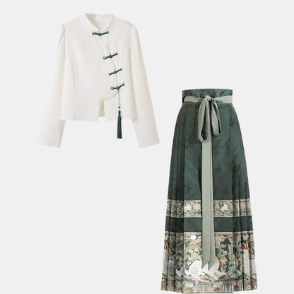 Vintage Buckle Tassel Shirt Green Pleated Skirt - Set / M