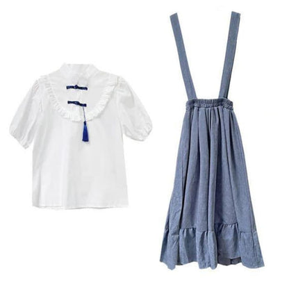 Vintage Buckle Tassel T-Shirt Suspender Skirt Set