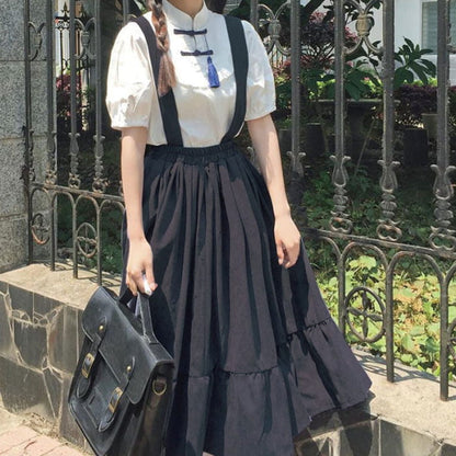 Vintage Buckle Tassel T-Shirt Suspender Skirt Set