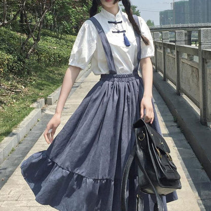 Vintage Buckle Tassel T-Shirt Suspender Skirt Set - Blue / S