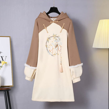 Vintage Bunny Tassel Plush Hooded Sweatshirt Dress - Khaki