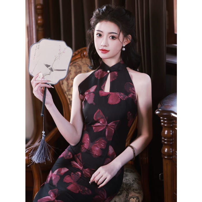 Vintage Butterfly Black Cheongsam - Female Hanfu