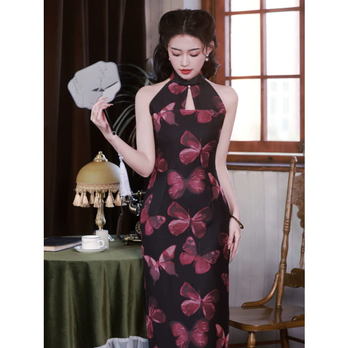 Vintage Butterfly Black Cheongsam - Female Hanfu