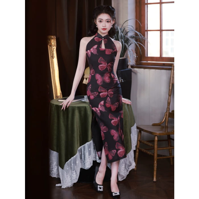 Vintage Butterfly Black Cheongsam - S - Female Hanfu